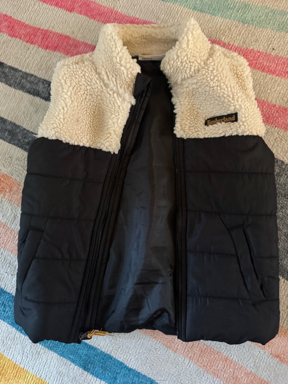 Timberland Black Puffer Vest with Cream Sherpa Collar